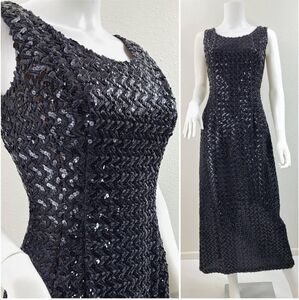 Vintage 60's Sexy Bombshell Black Sequin Maxi Dress pimup cocktail